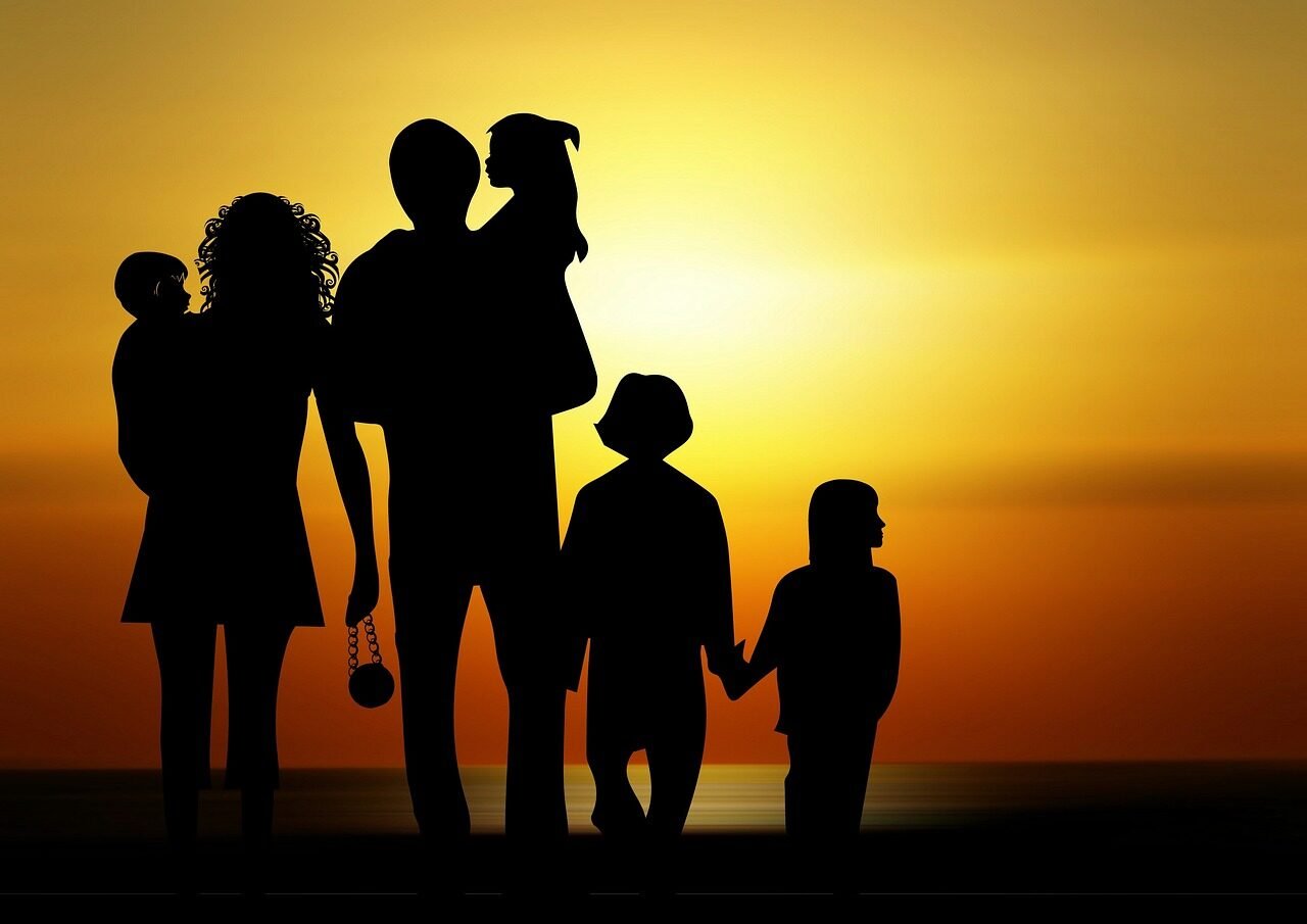 family, children, nature, sunset, silhouette