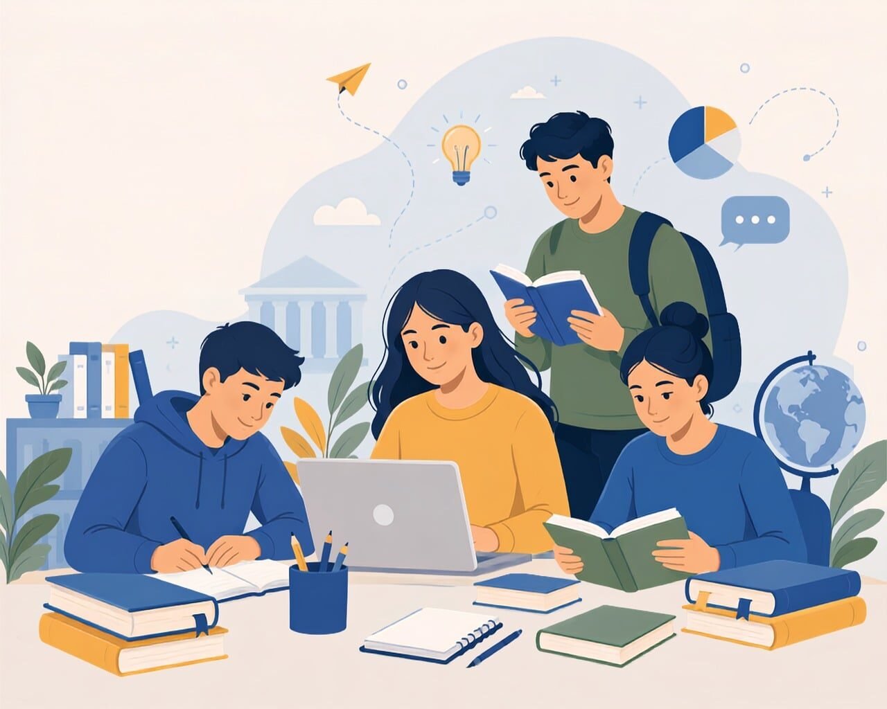 study, students, laptop, textbook, notebooks, education, collaboration, teaching, room, peers, lighting, chart, research, discussion, group, youth, learning, arty, studying, infographic